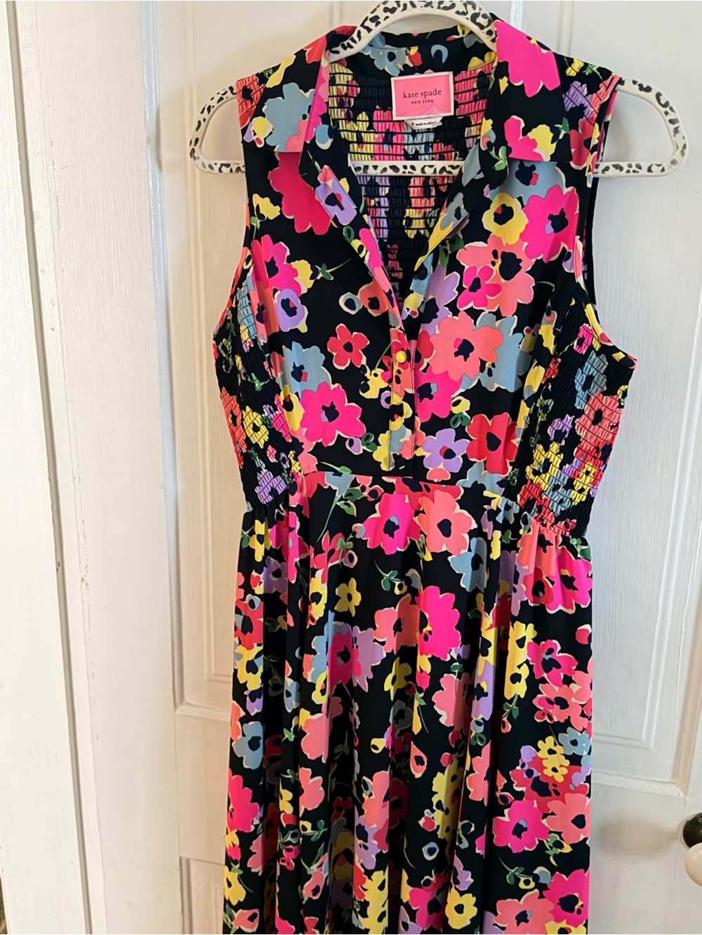 kate spade Black Floral Smocked Waist Dress with Neon Pink, Yellow, Purple, Blue